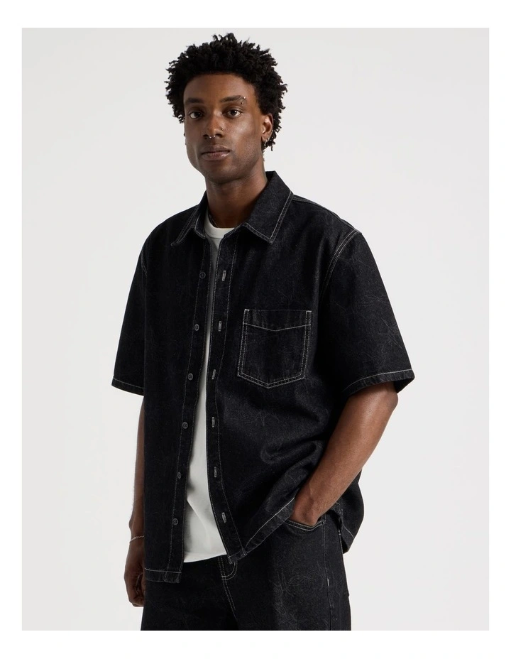 Laser Denim Short Sleeve Shirt in Black image 3