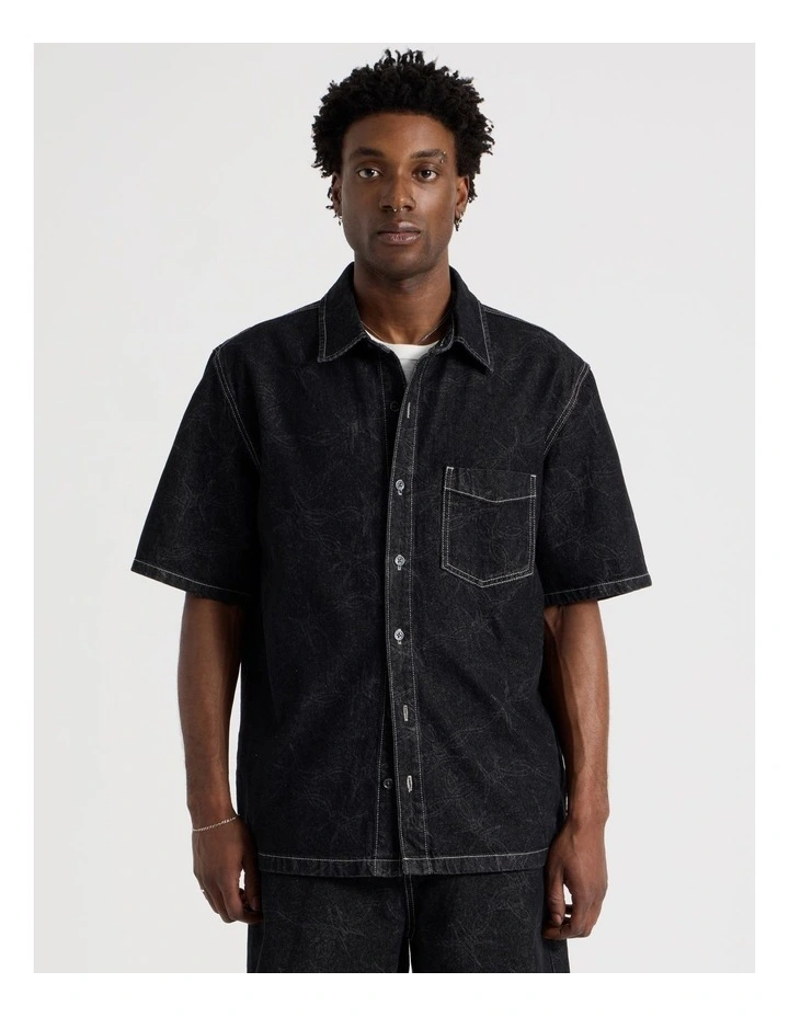Laser Denim Short Sleeve Shirt in Black image 5