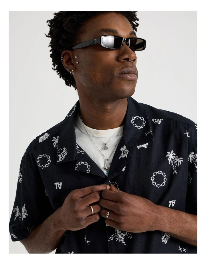 Short Sleeve Shirt in Black Resort Tropical Print image 4