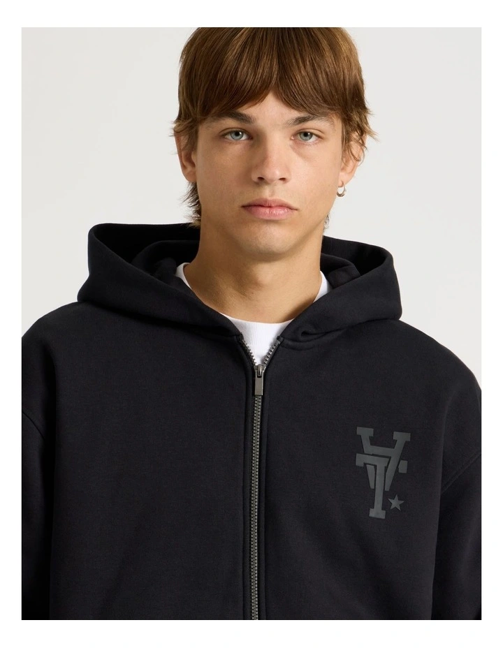 Core Logo Hooded Full Zip Sweater in Black image 3