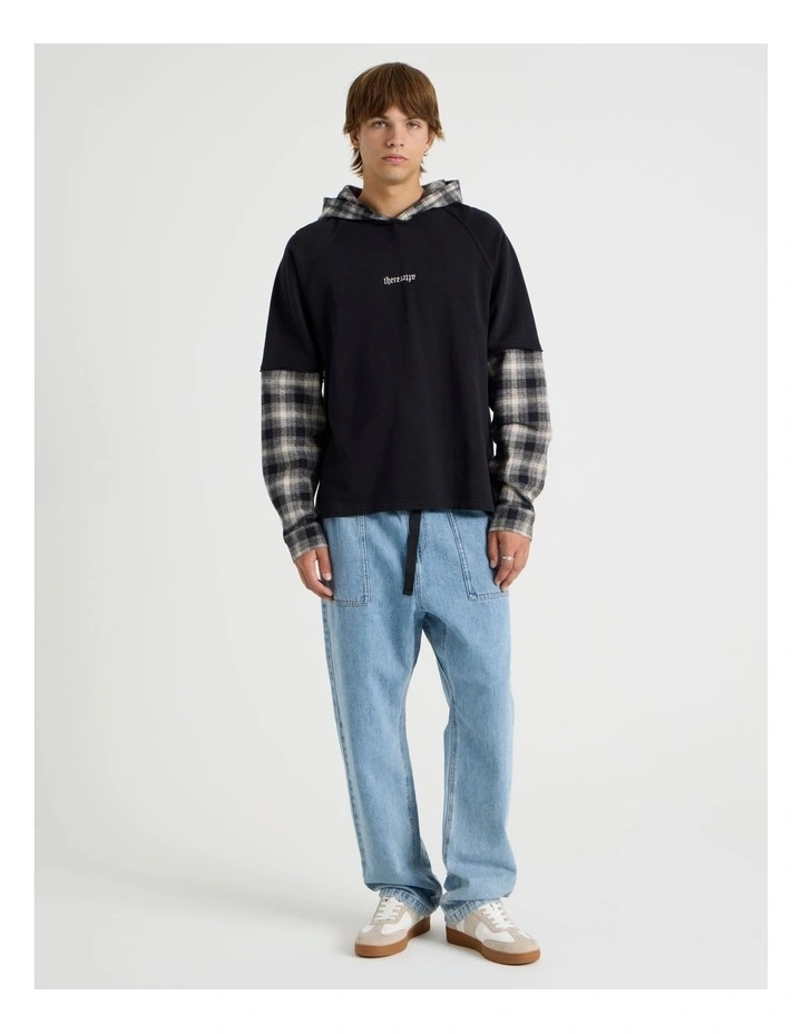 Check Hood Double Layer Fleece Sweat in Black image 2