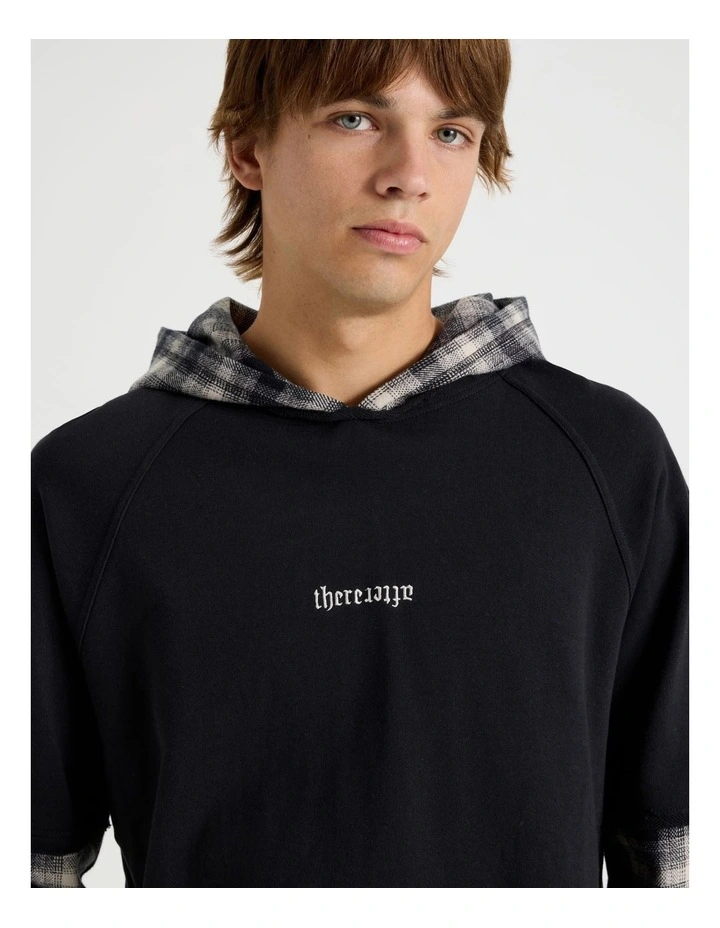 Check Hood Double Layer Fleece Sweat in Black image 3