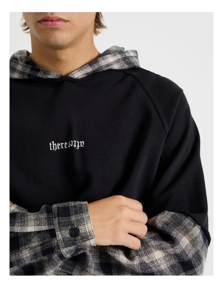 Check Hood Double Layer Fleece Sweat in Black image 4