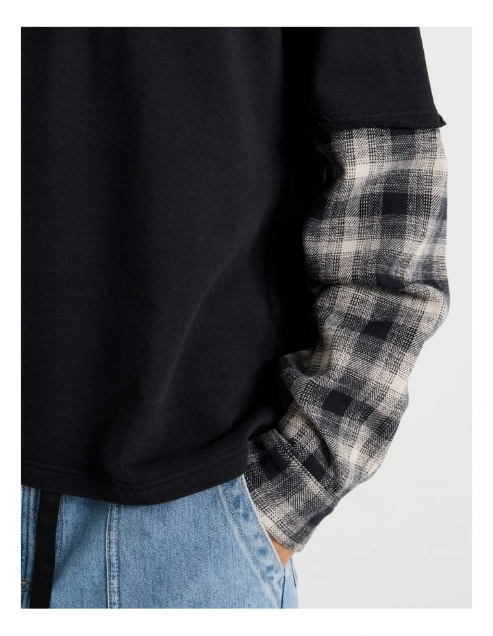 Check Hood Double Layer Fleece Sweat in Black image 5