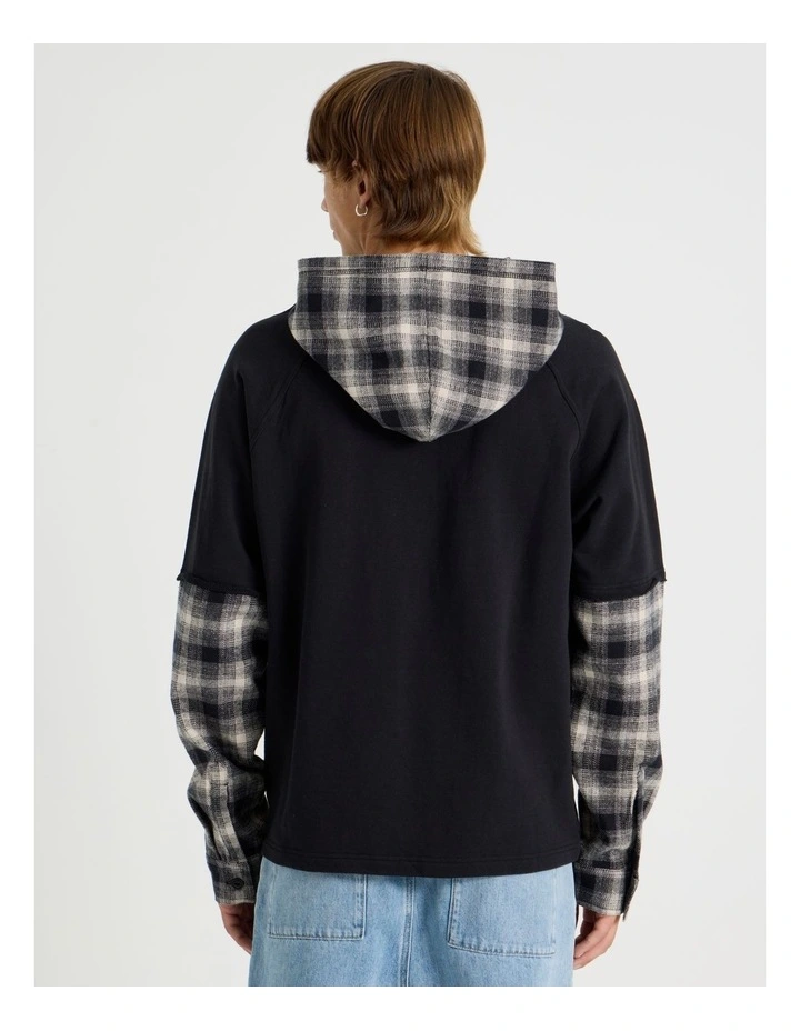 Check Hood Double Layer Fleece Sweat in Black image 6