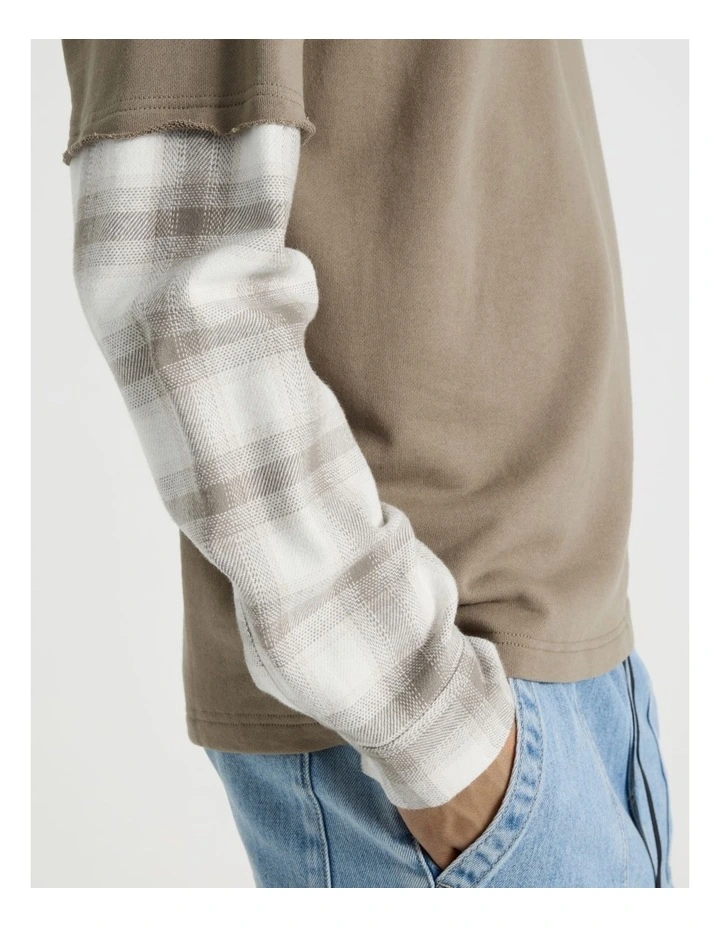 Check Hood Double Layer Fleece Sweat in Sand image 6