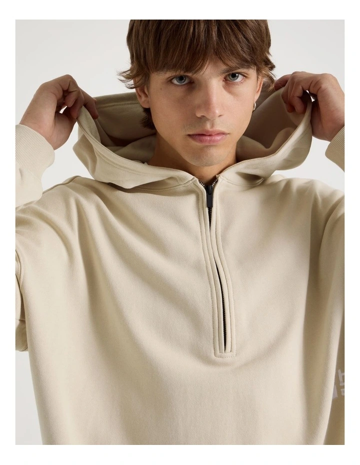 1/4 Zip Hooded Sweat in Stone image 3