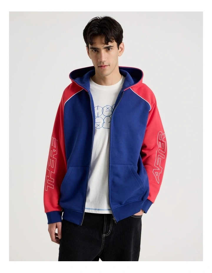 Oversized Sports Panel Hooded Sweat in Blue and Red image 1