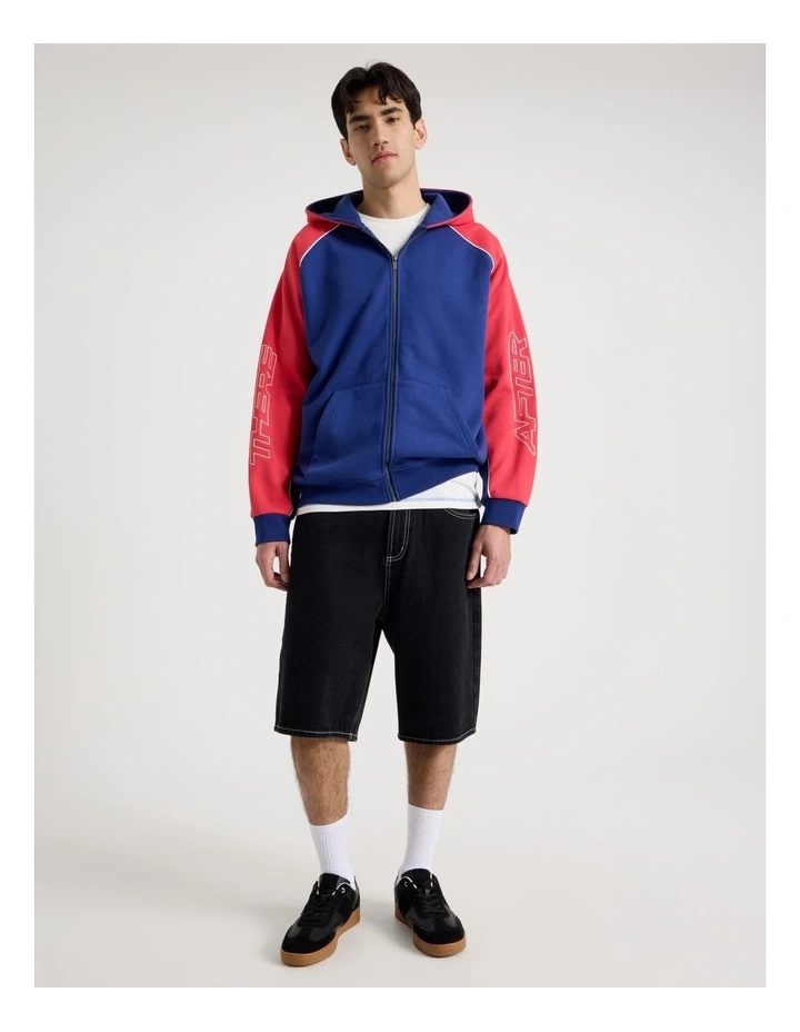 Oversized Sports Panel Hooded Sweat in Blue and Red image 2