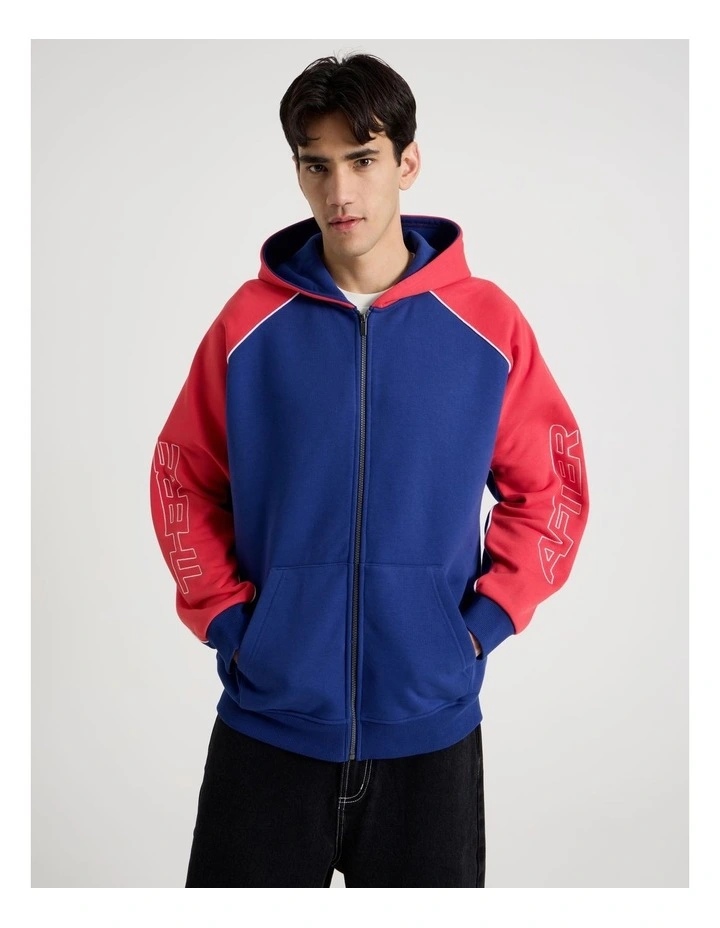 Oversized Sports Panel Hooded Sweat in Blue and Red image 3