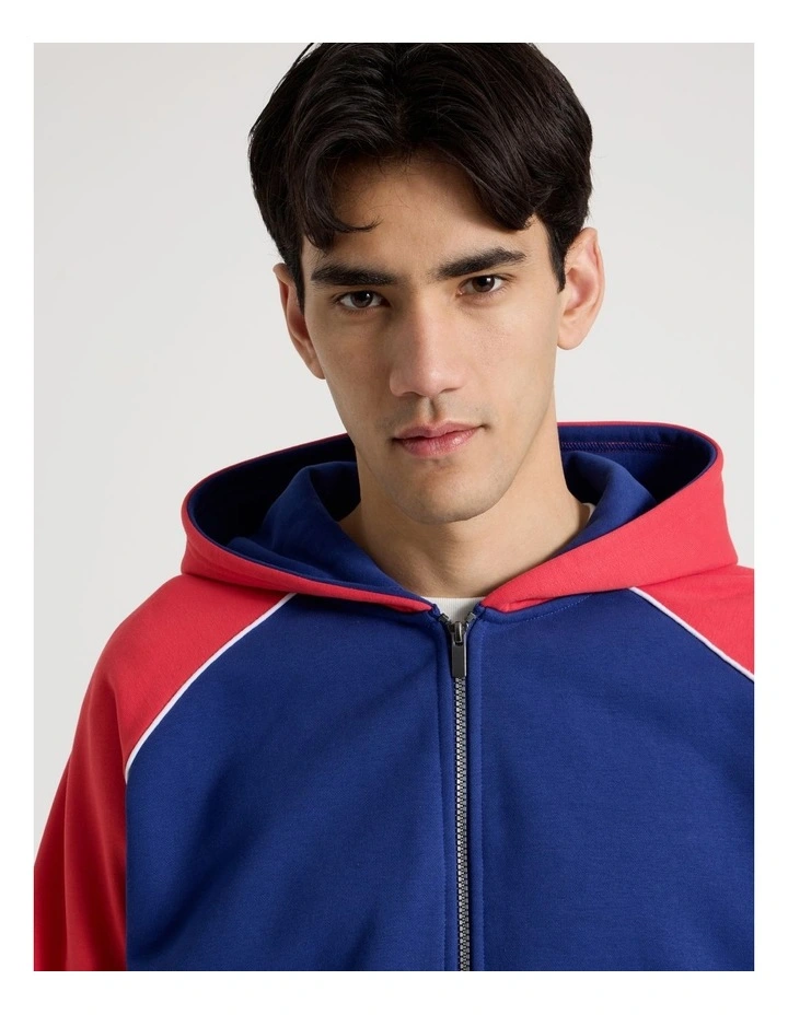 Oversized Sports Panel Hooded Sweat in Blue and Red image 4