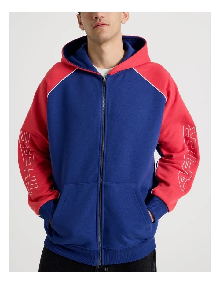 Oversized Sports Panel Hooded Sweat in Blue and Red image 7