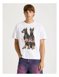 Doberman Placement Print Short Sleeve Tee in White