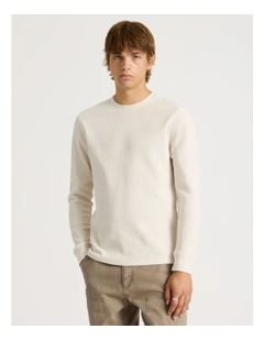 Crew Neck Long Sleeve Waffle Knit Top in Stone
