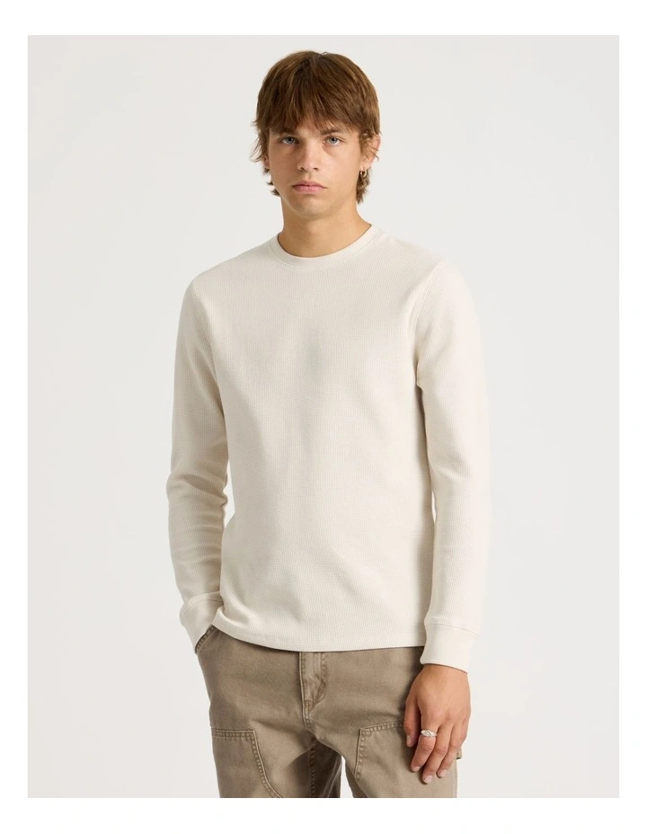 Crew Neck Long Sleeve Waffle Knit Top in Stone image 1