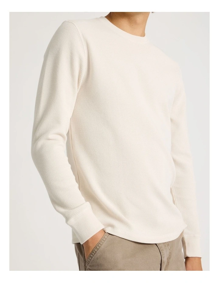 Crew Neck Long Sleeve Waffle Knit Top in Stone image 5