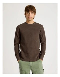 Crew Neck Long Sleeve Waffle Knit Top in Chocolate