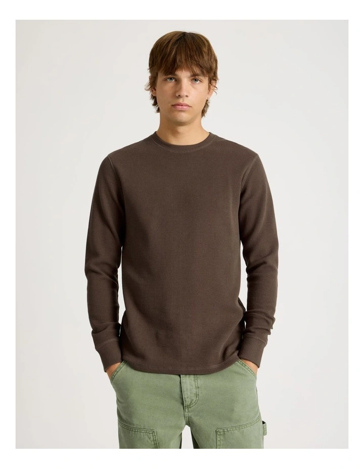 Crew Neck Long Sleeve Waffle Knit Top in Chocolate image 1