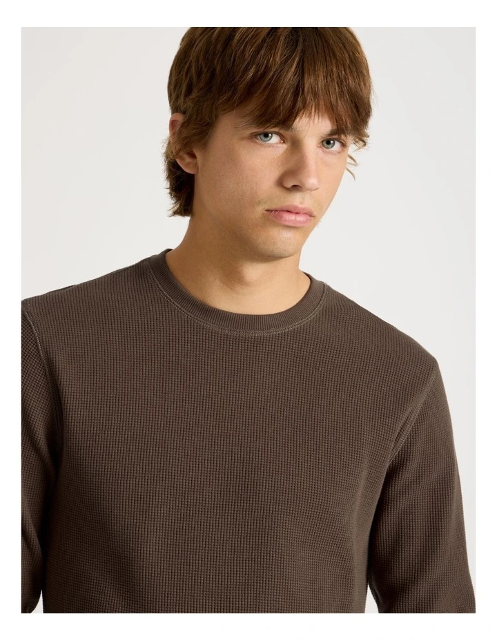 Crew Neck Long Sleeve Waffle Knit Top in Chocolate image 4