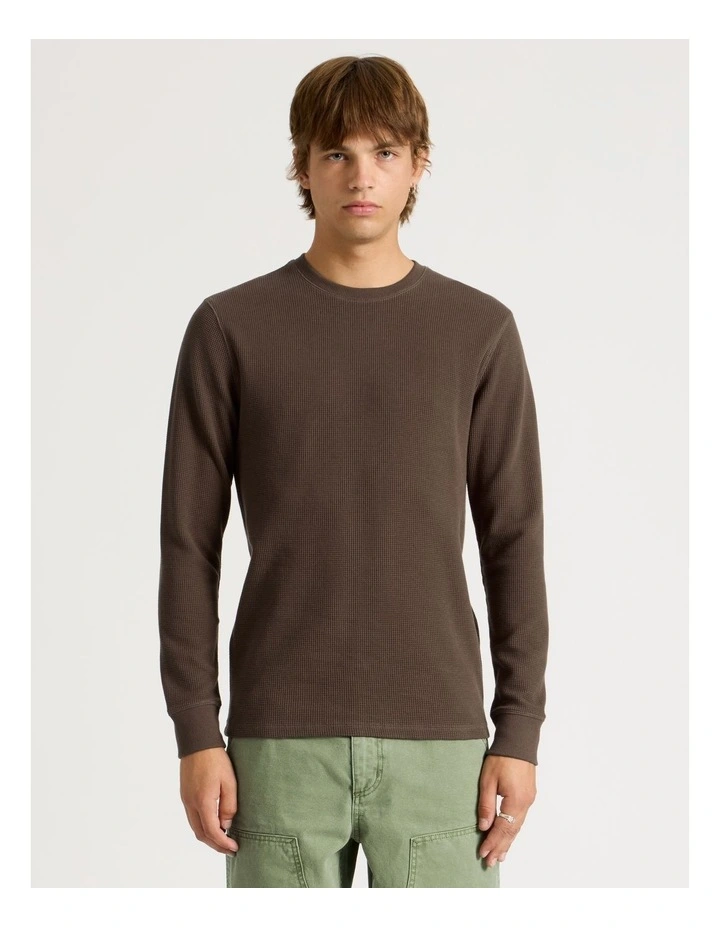 Crew Neck Long Sleeve Waffle Knit Top in Chocolate image 5