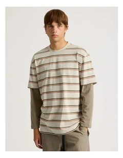 Striped Double Layer Long Sleeve Tee in Stone
