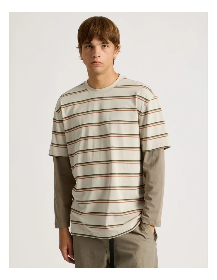 Striped Double Layer Long Sleeve Tee in Stone image 1