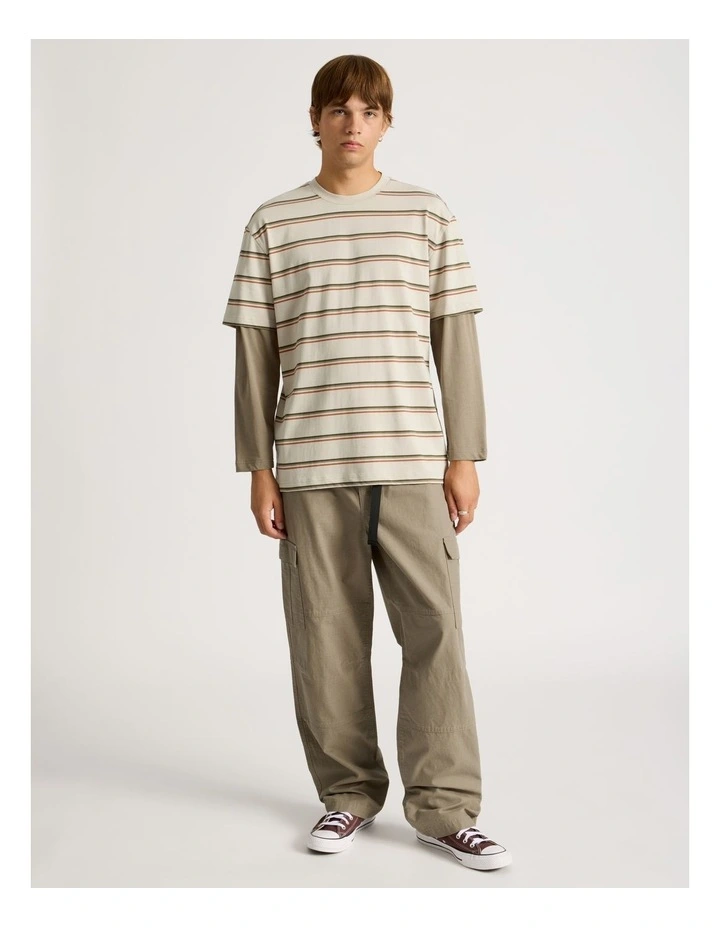 Striped Double Layer Long Sleeve Tee in Stone image 2