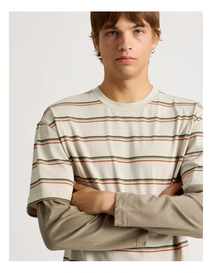 Striped Double Layer Long Sleeve Tee in Stone image 3