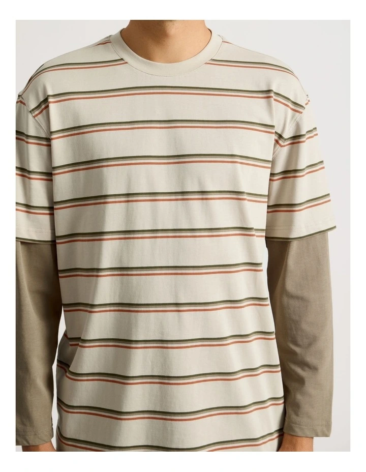 Striped Double Layer Long Sleeve Tee in Stone image 4