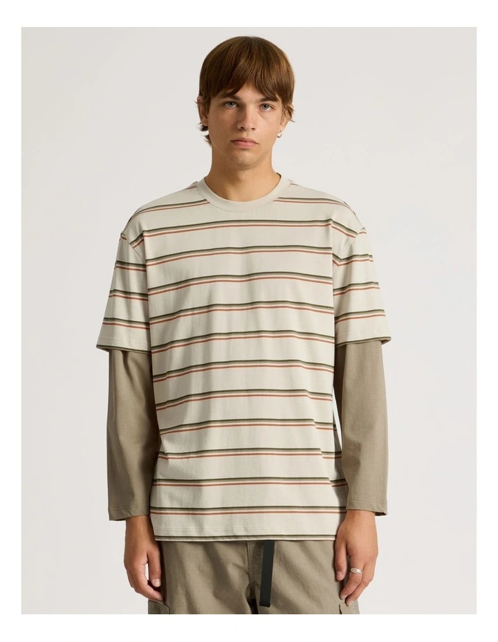 Striped Double Layer Long Sleeve Tee in Stone image 5