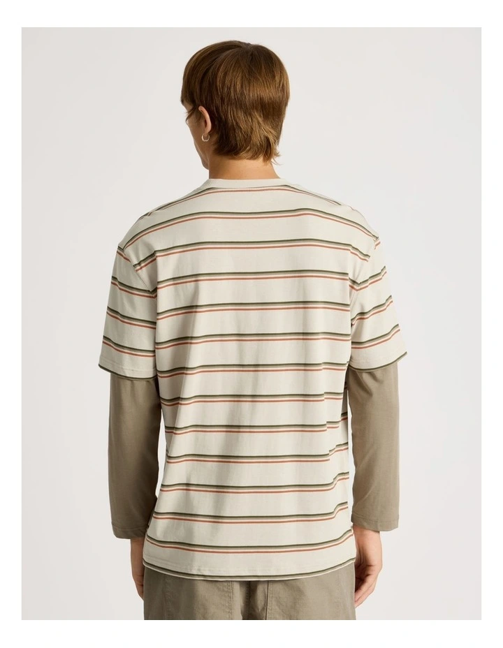 Striped Double Layer Long Sleeve Tee in Stone image 6