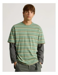 Striped Double Layer Long Sleeve Tee in Green