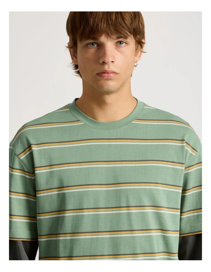 Striped Double Layer Long Sleeve Tee in Green image 3