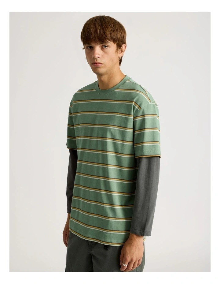 Striped Double Layer Long Sleeve Tee in Green image 4