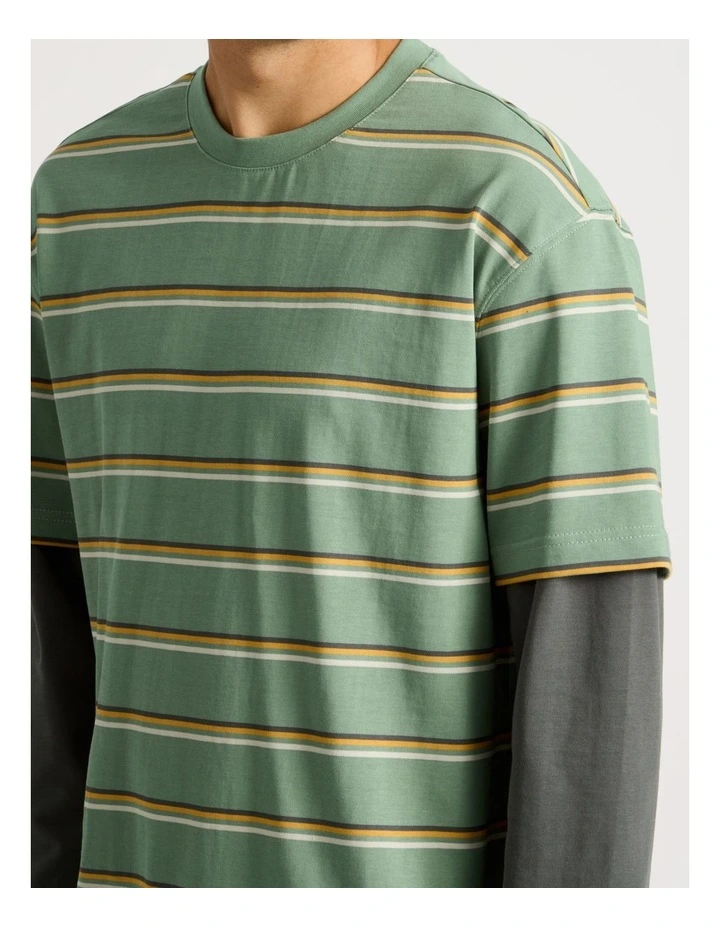Striped Double Layer Long Sleeve Tee in Green image 6