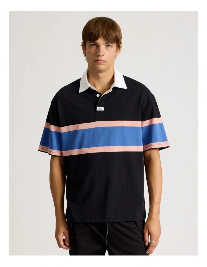 Chest Stripe Short Sleeve Rugby Polo in Black image 1