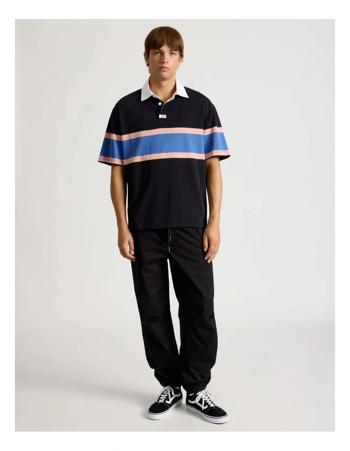 Chest Stripe Short Sleeve Rugby Polo in Black image 2