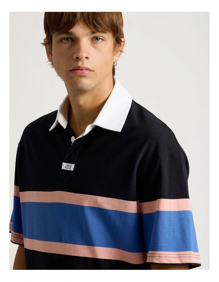 Chest Stripe Short Sleeve Rugby Polo in Black image 3