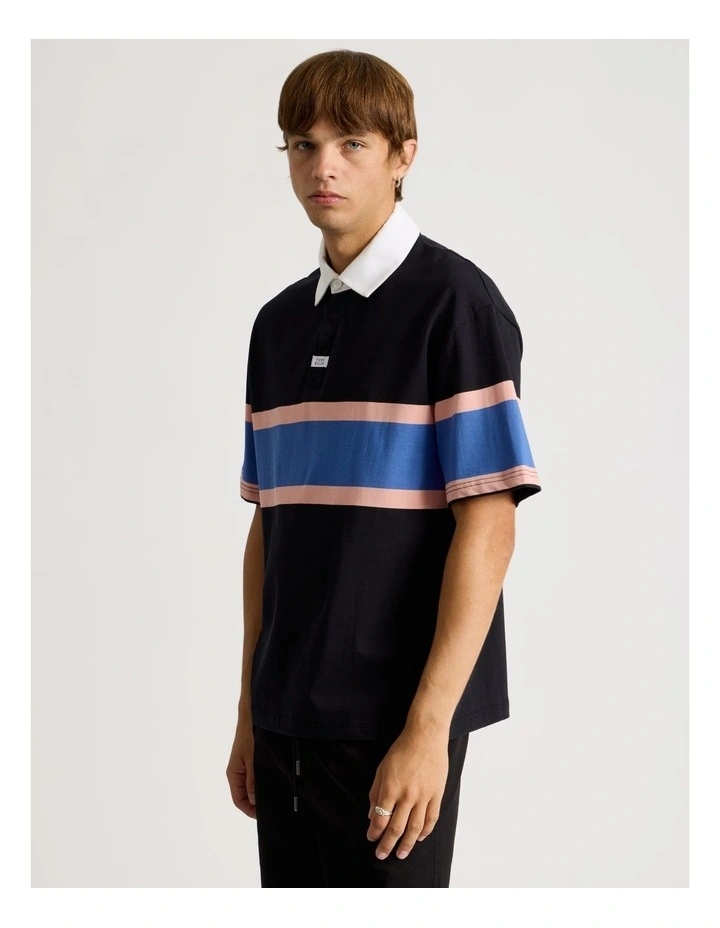 Chest Stripe Short Sleeve Rugby Polo in Black image 4