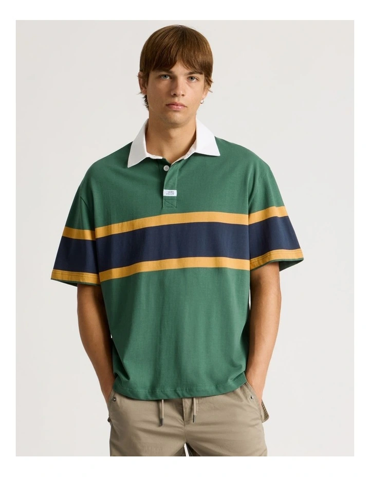 Chest Stripe Short Sleeve Rugby Polo in Green image 1