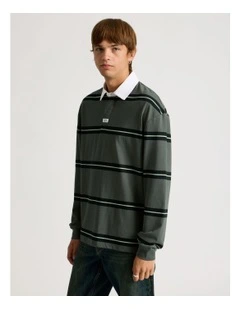 Striped Long Sleeve Rugby Polo in Petrol
