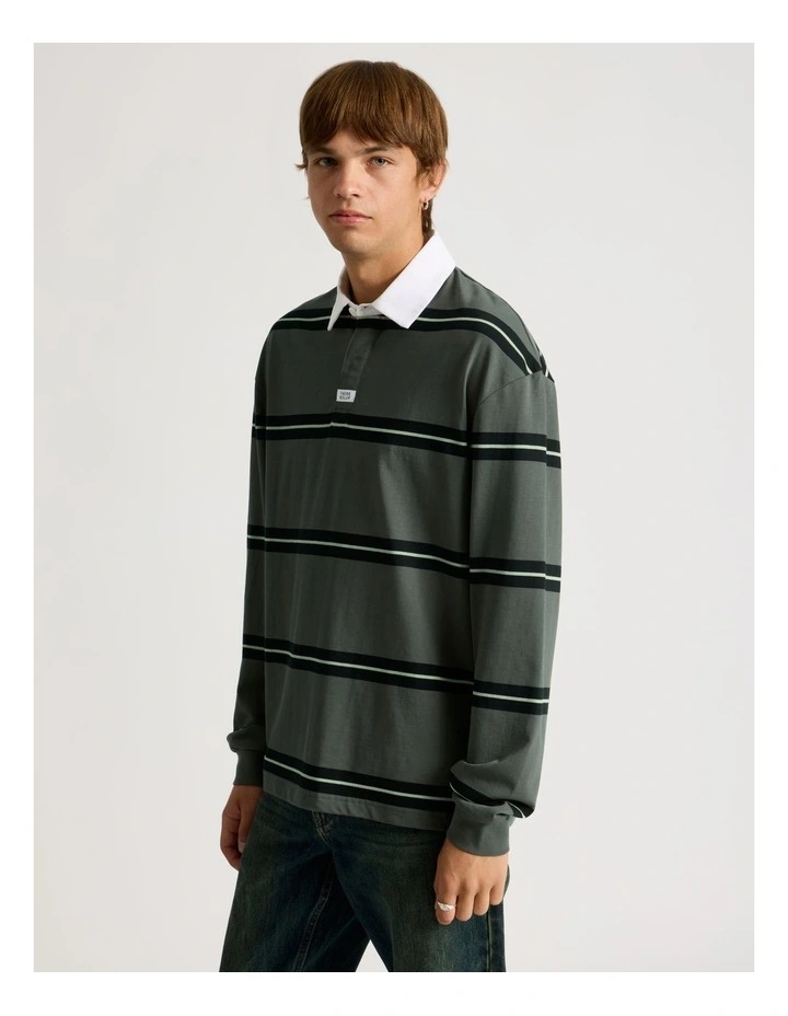 Striped Long Sleeve Rugby Polo in Petrol image 1