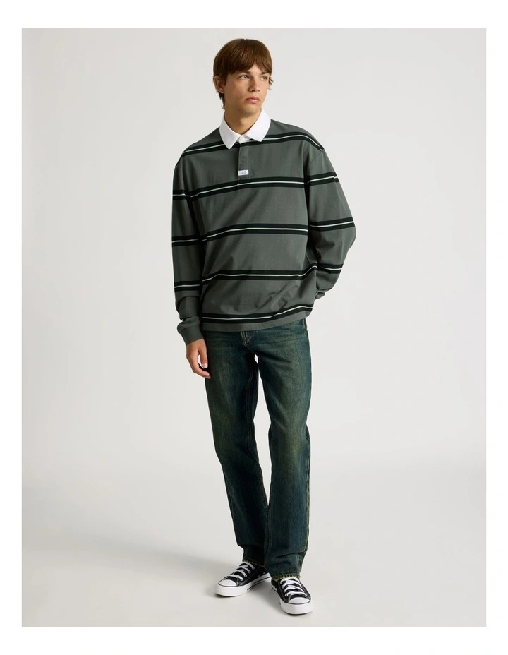 Striped Long Sleeve Rugby Polo in Petrol image 2