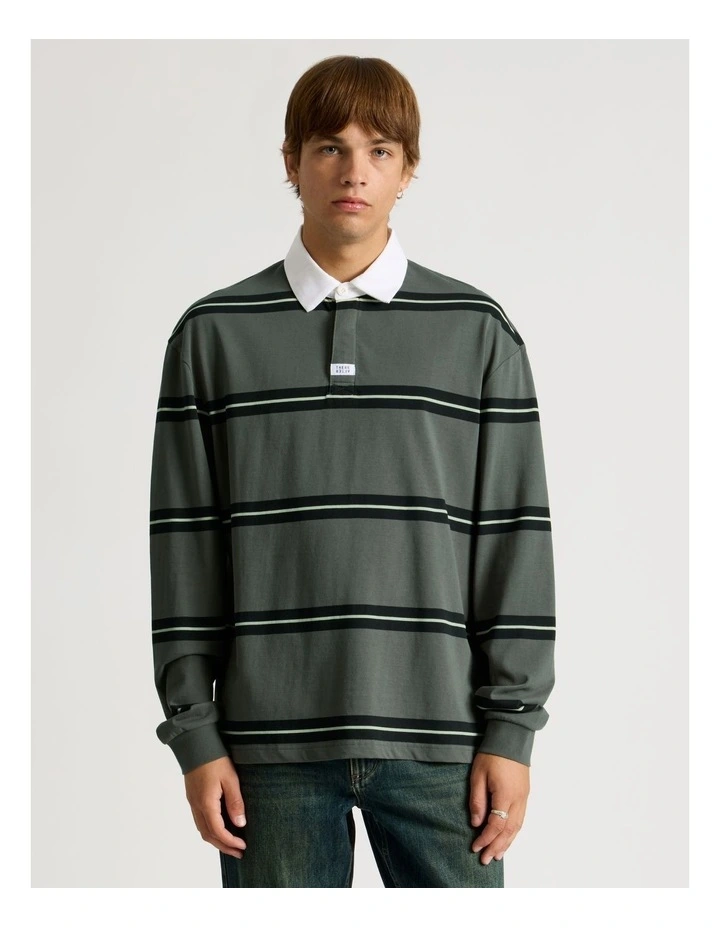 Striped Long Sleeve Rugby Polo in Petrol image 4
