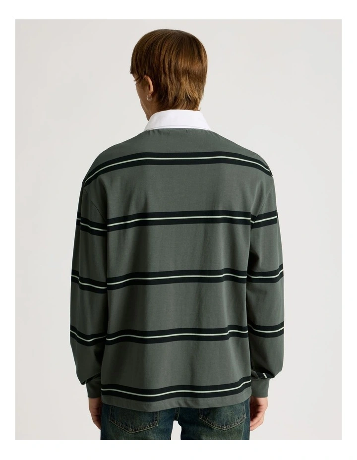 Striped Long Sleeve Rugby Polo in Petrol image 5