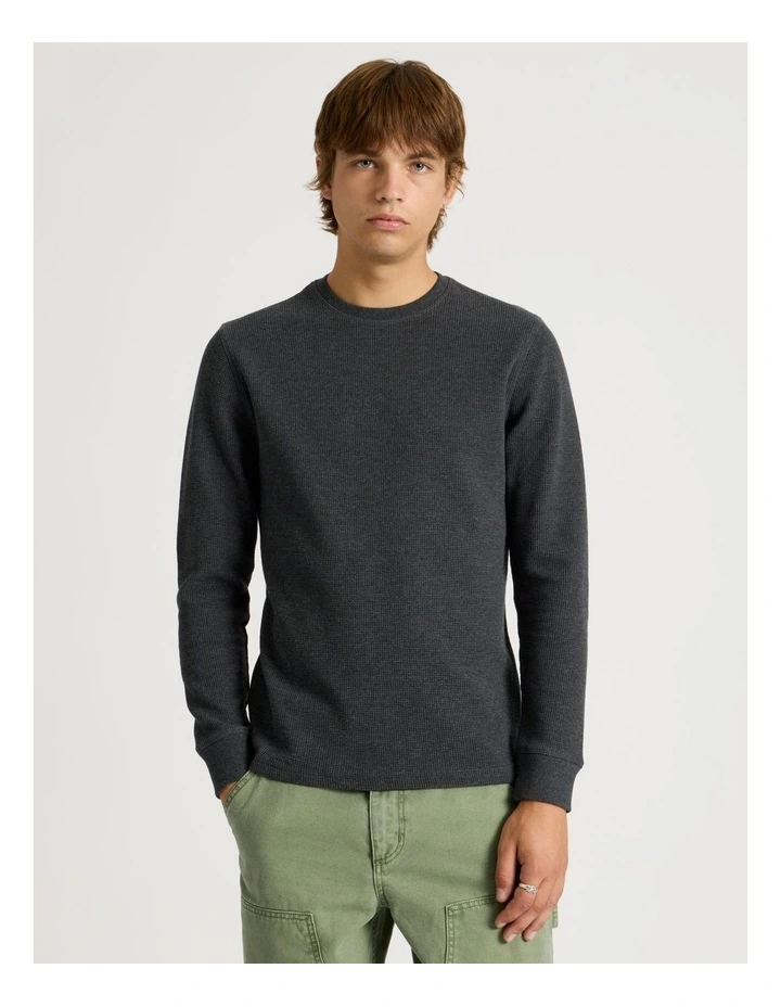 Crew Neck Long Sleeve Waffle Knit Top in Charcoal image 1