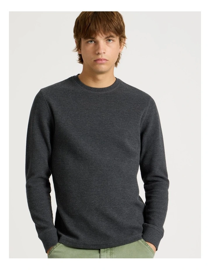 Crew Neck Long Sleeve Waffle Knit Top in Charcoal image 5