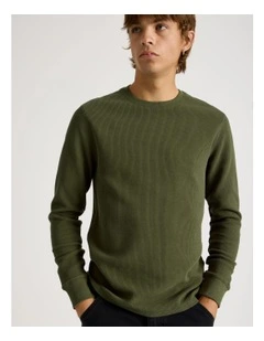Crew Neck Long Sleeve Waffle Knit Top in Olive