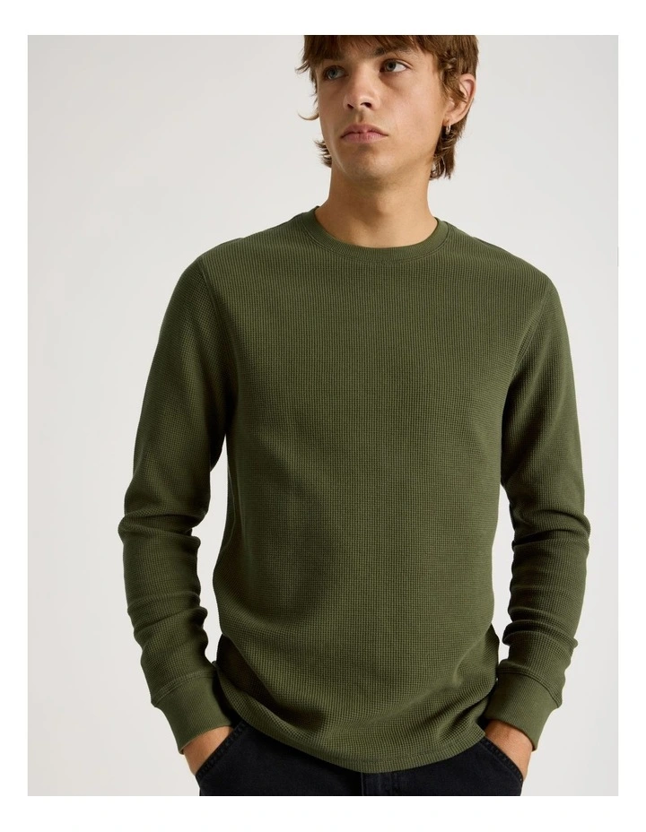Crew Neck Long Sleeve Waffle Knit Top in Olive image 1