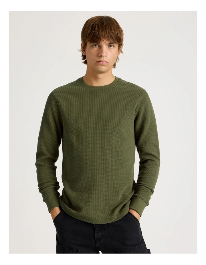 Crew Neck Long Sleeve Waffle Knit Top in Olive image 2